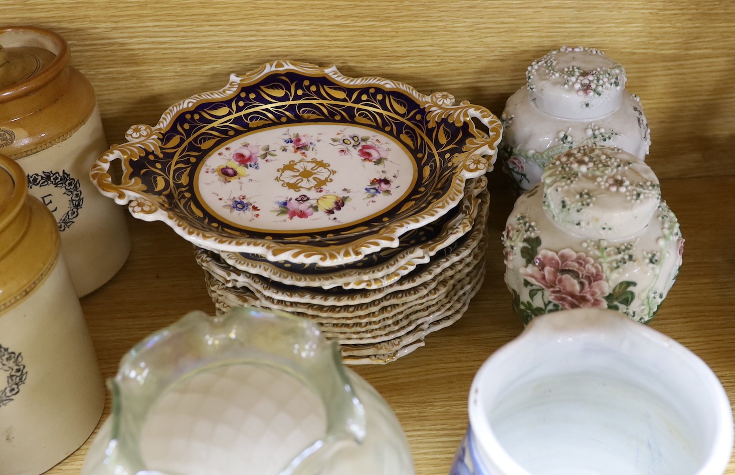 An English porcelain part desert set c.1825, a set of 9 James Pearson stoneware kitchenalia jars together with other ceramics and glass